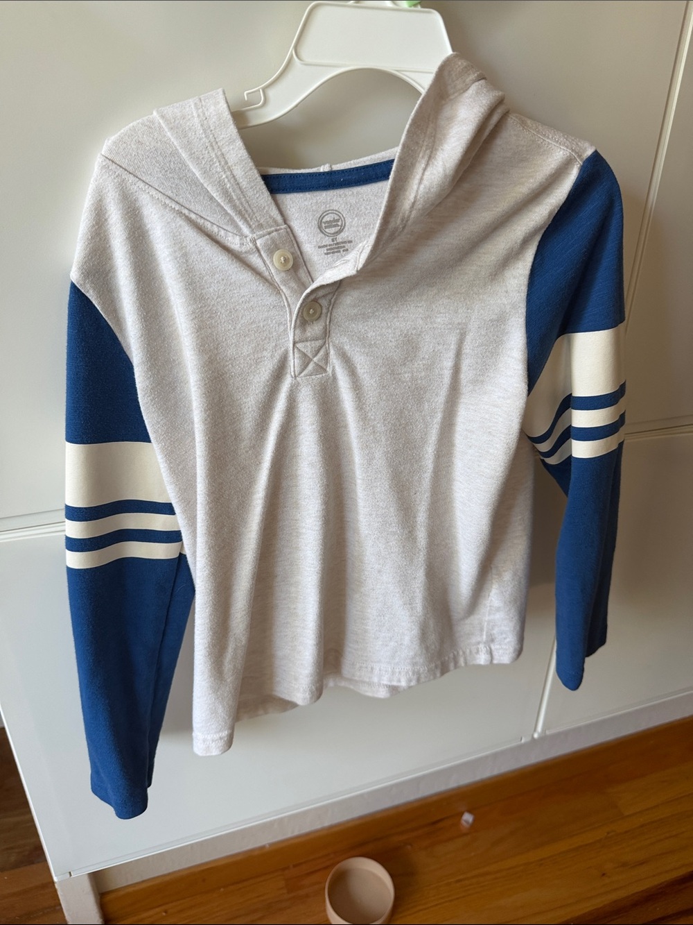wonder nation White Hooded Henley with Blue Stripe Sleeves